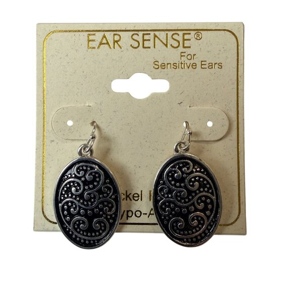 Y2K Silver Black Textured Filigree Dangle Earrings Hypoallergenic Nickel Free - Picture 8 of 8